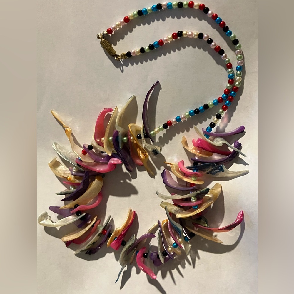 Colorful Dyed Shell and Pearl Bead Necklace